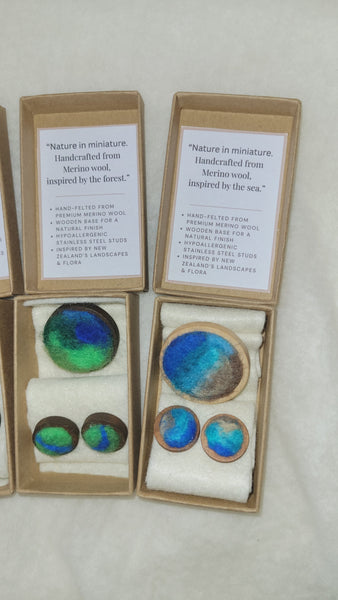 Ocean Landscape in Miniature – Needle Felted Earrings & Brooch. Merino wool on Wooden Base