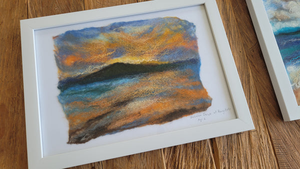 Wool Silk Painting – Ocean Golden Dawn Framed Handmade Wall Art Decor