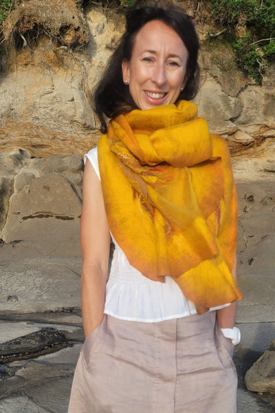 Golden Mustard Shawl – Silk & Merino Wool Wrap, Honey Gold Evening Shawl, Artistic Scarf for Autumn, Spring & Summer