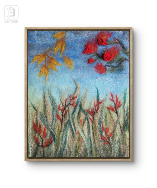 New Zealand Floral Wool Painting – Kōwhai & Pōhutukawa Wall Art, Textured Merino Wool & Silk Artwork, Nature Inspired Fiber Art