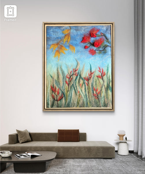 New Zealand Floral Wool Painting – Kōwhai & Pōhutukawa Wall Art, Textured Merino Wool & Silk Artwork, Nature Inspired Fiber Art