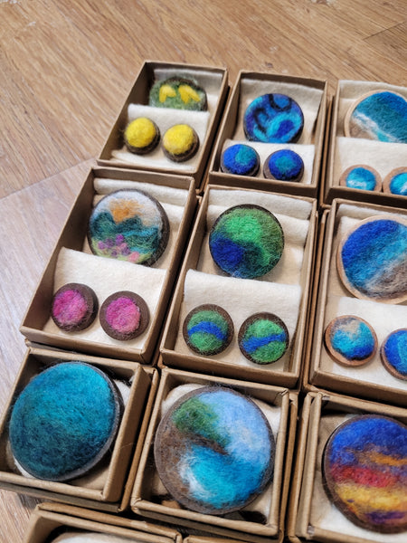 Ocean Landscape in Miniature Needle Felted Brooch – Merino Wool on Wooden Base.