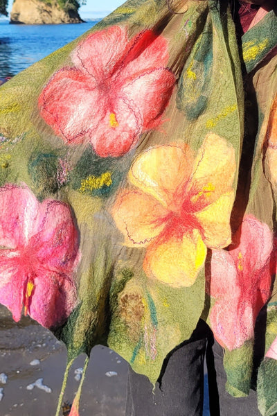 Hibiscus Garden – Merino Wool & Silk Shawl | Handmade Nuno Felted Wrap