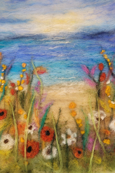 Colorful abstract artwork with flowers and blue background