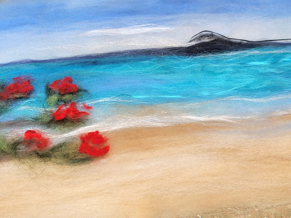Wool & Silk Painting – Rangitoto Island with Pohutukawa Tree, Nuno Felted Landscape, Framed Textile Art