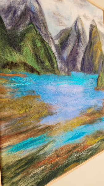 Milford Sound – Wool & Silk Fibre Art | Handmade New Zealand Landscape on Silk Canvas| size 51 x 41 cm!