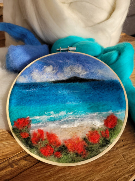 Wool Painting - Needle Felting, Rangitoto and Pohutukawa Bloom Landscape Collection