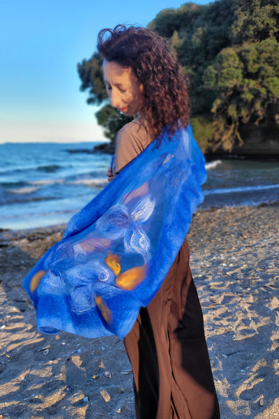 Royal Blue Floral Nuno Felted Shawl – Handmade Merino Wool & Silk Scarf with Golden Accents