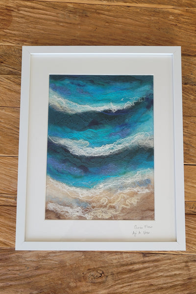 Wool & Silk Textile Painting – Ocean Flow Framed Handmade Wall Art Decor
