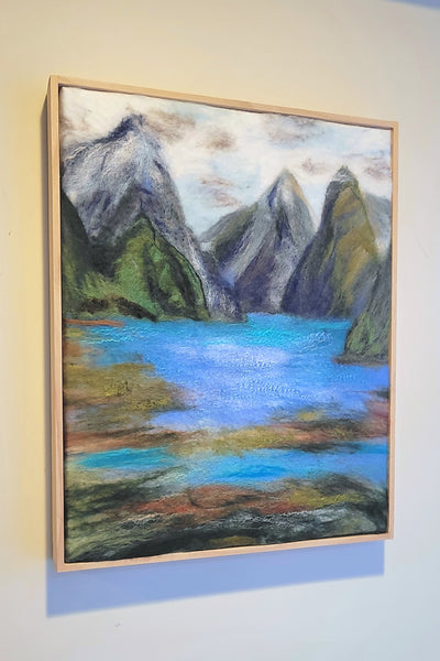 Milford Sound – Wool & Silk Fibre Art | Handmade New Zealand Landscape on Silk Canvas| size 51 x 41 cm!