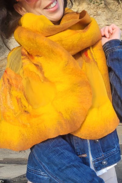 Golden Mustard Shawl – Silk & Merino Wool Wrap, Honey Gold Evening Shawl, Artistic Scarf for Autumn, Spring & Summer