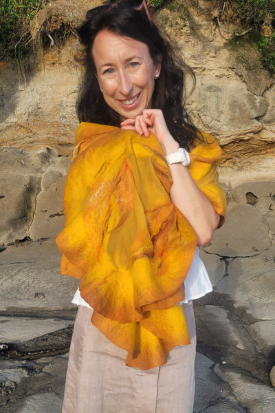 Golden Mustard Shawl – Silk & Merino Wool Wrap, Honey Gold Evening Shawl, Artistic Scarf for Autumn, Spring & Summer