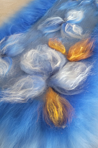 Royal Blue Floral Nuno Felted Shawl – Handmade Merino Wool & Silk Scarf with Golden Accents