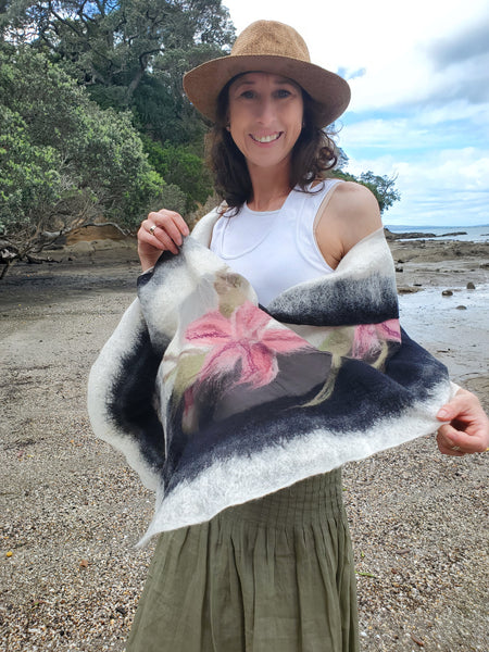 Nunofelting Shawl Pink Magnolia. Natural silk and soft merino wool in cream and black.