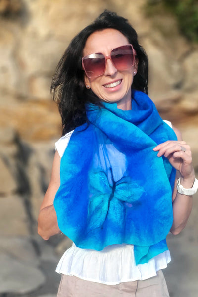Sapphire Butterfly Scarf – Merino Wool Shawl on Natural Silk Chiffon