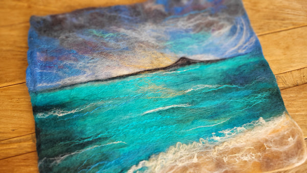 Rangitoto Silk & Merino Wool Painting – New Zealand Ocean Wall Art, Turquoise Coastal