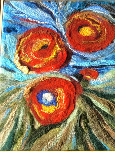 Abstract Floral Wool & Silk Wall Art – Red Bloom Painting, Textured Fiber Statement Piece