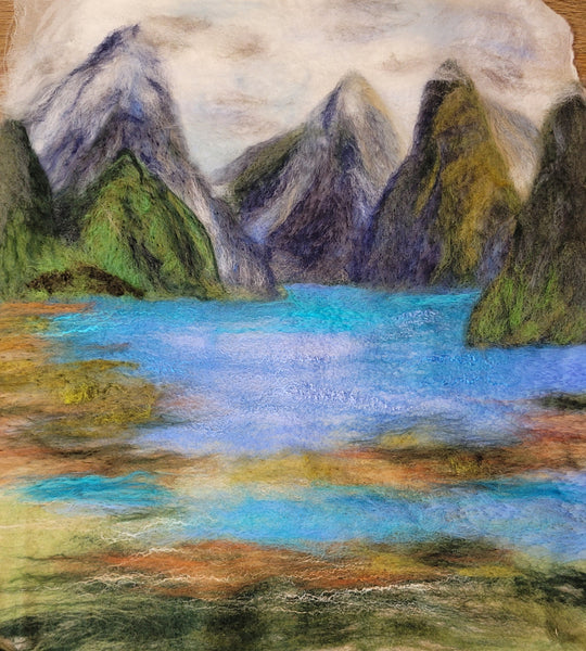 Milford Sound – Wool & Silk Fibre Art | Handmade New Zealand Landscape on Silk Canvas| size 51 x 41 cm!