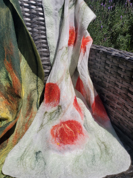 Pohutukawa summer scarf, icon of New Zealand Christmas tree. Merino blended with silk.