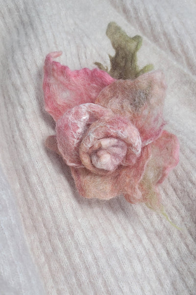 Vintage Rose Brooch – Merino Wool & Silk Flower Pin • Soft Pink Art Brooch