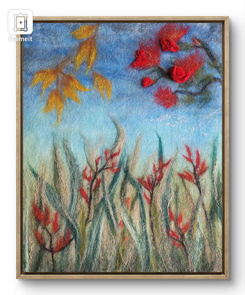 New Zealand Floral Wool Painting – Kōwhai & Pōhutukawa Wall Art, Textured Merino Wool & Silk Artwork, Nature Inspired Fiber Art