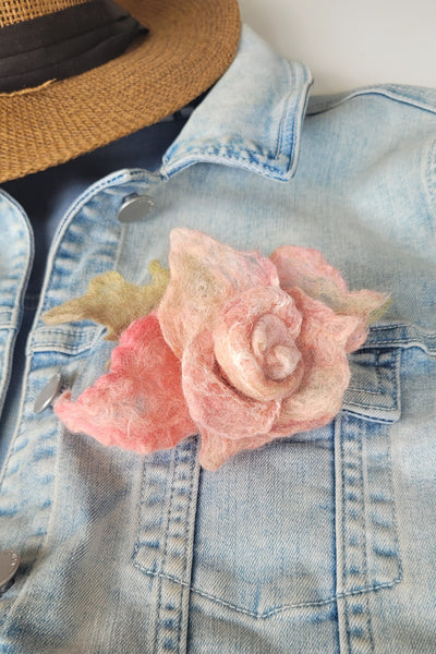 Vintage Rose Brooch – Merino Wool & Silk Flower Pin • Soft Pink Art Brooch