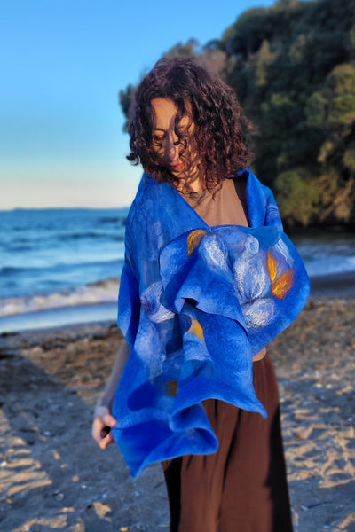 Royal Blue Floral Nuno Felted Shawl – Handmade Merino Wool & Silk Scarf with Golden Accents