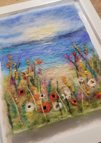 Wool Painting Meadow by the Ocean – Handmade Textile Wall Art with Wildflowers, Coastal Landscape, Framed Fibre Artwork