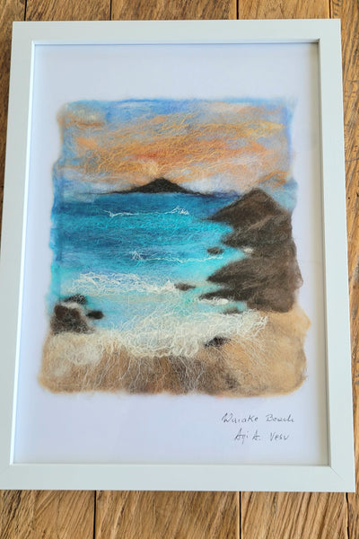 Wool & Silk Painting – Waiake Beach Framed Handmade Wall Art Decor