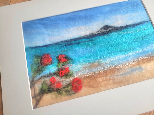 Wool & Silk Painting – Rangitoto Island with Pohutukawa Tree, Nuno Felted Landscape, Framed Textile Art