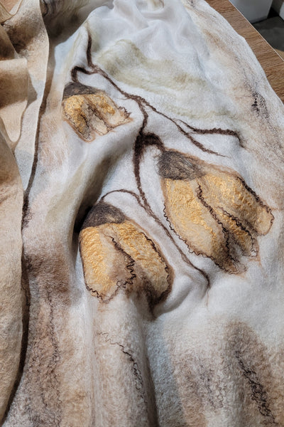 Golden Seeds – Merino Wool & Silk Scarf | Handmade Nuno Felted Wrap