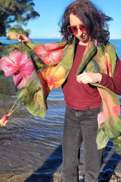 Hibiscus Garden – Merino Wool & Silk Shawl | Handmade Nuno Felted Wrap