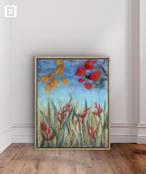 New Zealand Floral Wool Painting – Kōwhai & Pōhutukawa Wall Art, Textured Merino Wool & Silk Artwork, Nature Inspired Fiber Art