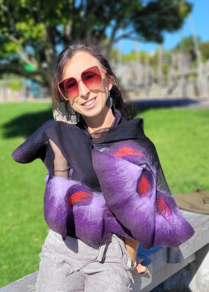 Nuno Felted Scarf - Elegant Purple Merino Wool Shawl | Handmade Silk Wrap