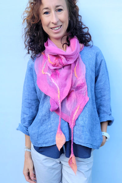 Lightweight Floral Silk Scarf • Merino Wool & Calla Lily Details • Summer Artistic Wrap