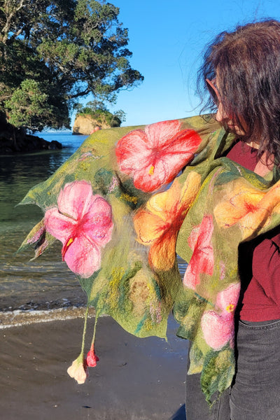 Hibiscus Garden – Merino Wool & Silk Shawl | Handmade Nuno Felted Wrap