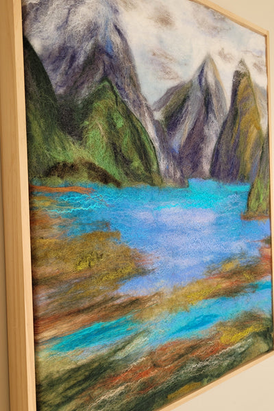 Milford Sound – Wool & Silk Fibre Art | Handmade New Zealand Landscape on Silk Canvas| size 51 x 41 cm!
