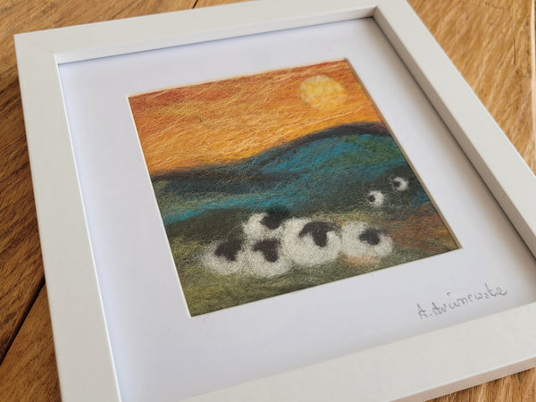 Needle-Felted NZ Landscape - Sheep at Sunset (Framed Art)