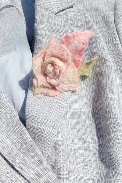 Vintage Rose Brooch – Merino Wool & Silk Flower Pin • Soft Pink Art Brooch