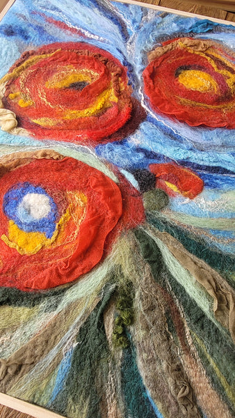 Abstract Floral Wool & Silk Wall Art – Red Bloom Painting, Textured Fiber Statement Piece