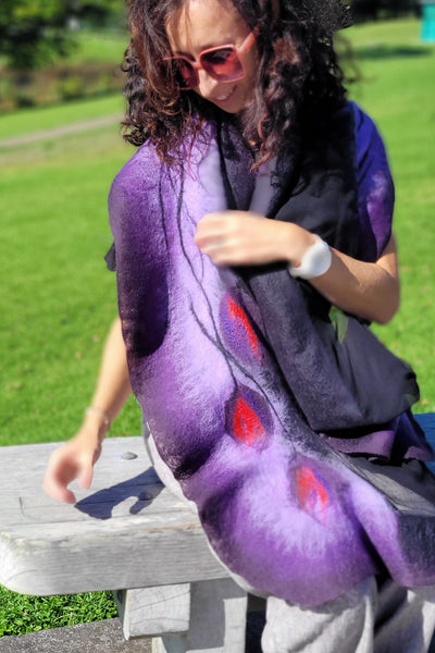 Nuno Felted Scarf - Elegant Purple Merino Wool Shawl | Handmade Silk Wrap