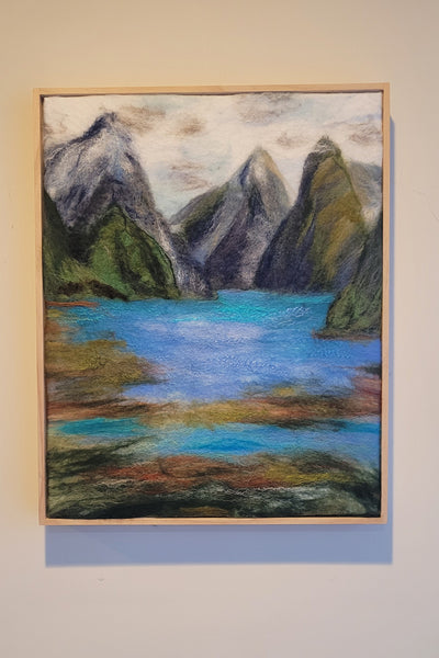 Milford Sound – Wool & Silk Fibre Art | Handmade New Zealand Landscape on Silk Canvas| size 51 x 41 cm!