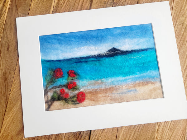 Wool & Silk Painting – Rangitoto Island with Pohutukawa Tree, Nuno Felted Landscape, Framed Textile Art