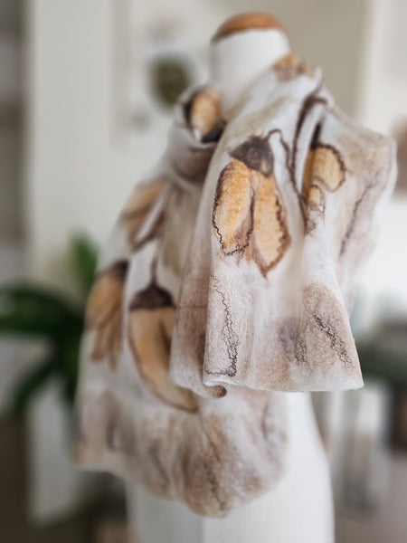 Golden Seeds – Merino Wool & Silk Scarf | Handmade Nuno Felted Wrap