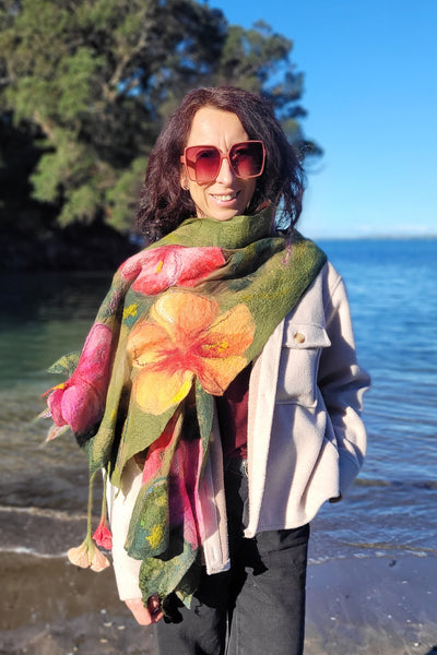 Hibiscus Garden – Merino Wool & Silk Shawl | Handmade Nuno Felted Wrap