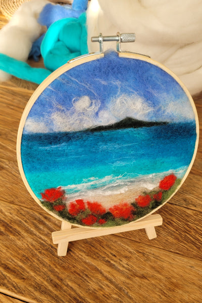 Wool Painting - Needle Felting, Rangitoto and Pohutukawa Bloom Landscape Collection