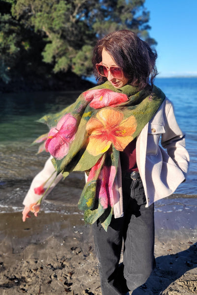 Hibiscus Garden – Merino Wool & Silk Shawl | Handmade Nuno Felted Wrap