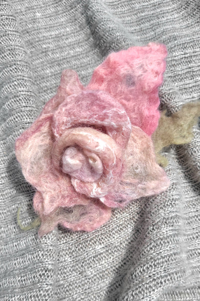 Vintage Rose Brooch – Merino Wool & Silk Flower Pin • Soft Pink Art Brooch