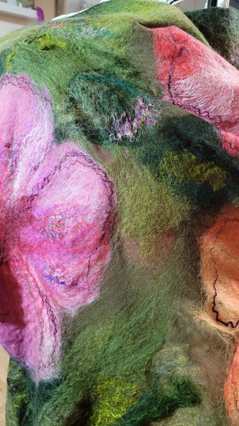 Hibiscus Garden – Merino Wool & Silk Shawl | Handmade Nuno Felted Wrap