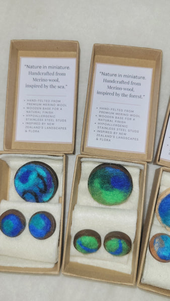 Jewelery Set Inspired by Sea – Needle Felted Earrings & Brooch. Merino wool on Wooden Base
